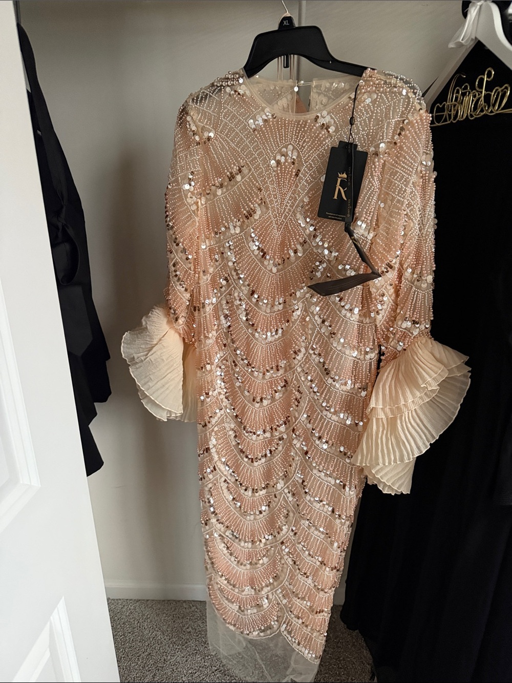 Beaded Peach Long Sleeve Party Dress with Pleated Ruffle Cuffs